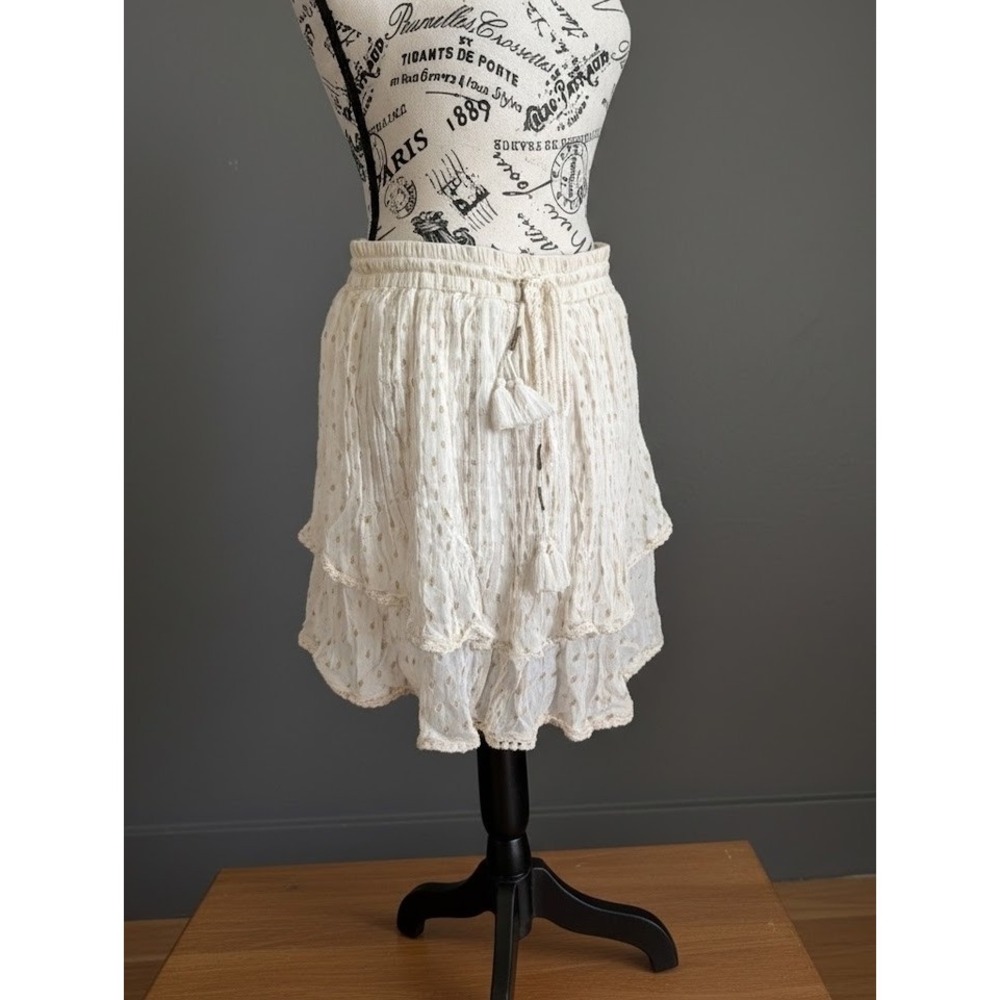 TRYB Anthropologie Tiered Skirt Medium Gold Metallic Dot‎ Crochet Tassel Boho
